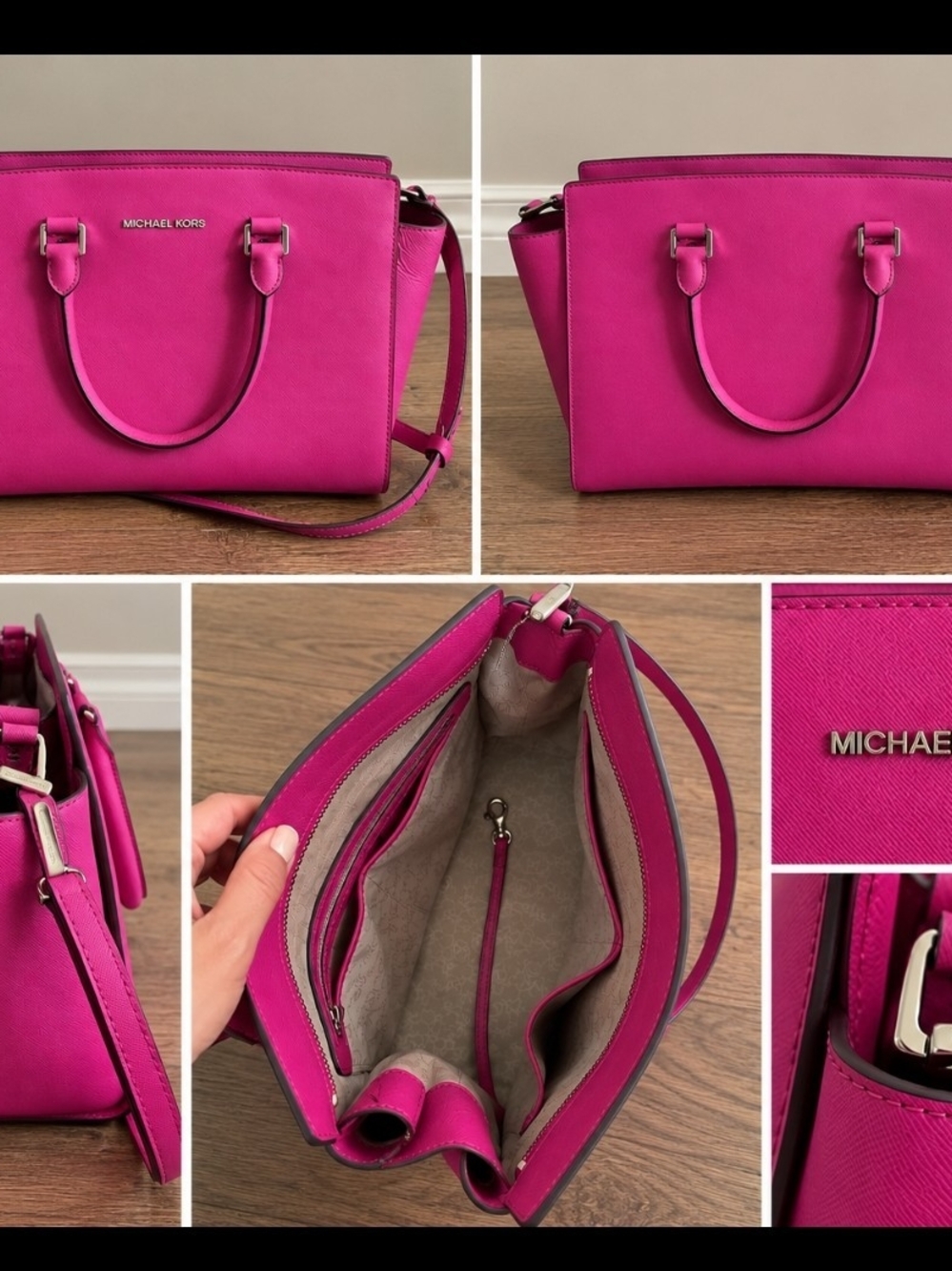 MICHAEL KORS Hot Pink Saffiano Leather Satchel with Strap